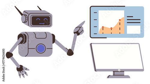 Robot pointing at a data chart on an interactive screen beside a blank monitor. Ideal for technology, automation, artificial intelligence, data analysis, future innovation, education, simple flat