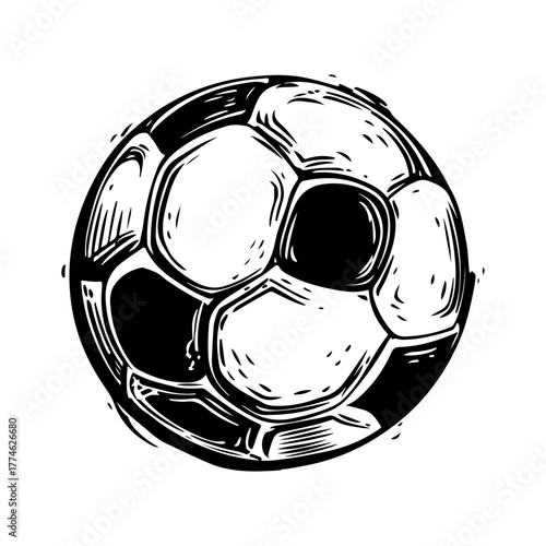 Hand-drawn soccer ball illustration with detailed contours and shaded features in black and white style