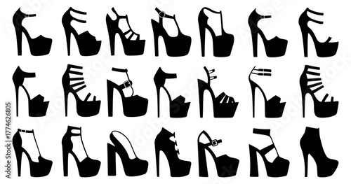 Collection of women's high heel and platform shoe silhouettes, featuring diverse fashion footwear designs including pumps, strappy sandals, and chunky heels