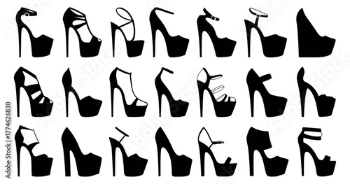 A diverse collection of elegant high-heeled footwear silhouettes, showcasing an array of platform and stiletto designs perfect for fashion illustrations and style guides