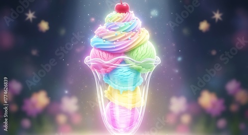 Magical Rainbow Sundae Delight with Cherry on Top.