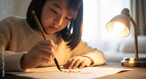 Young asian girl practicing calligraphy with a brush and ink under a desk lamp