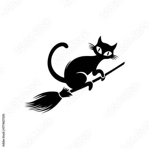 Playful Black Cat Riding a Broomstick in a Whimsical Style for Halloween and Witchcraft Themes