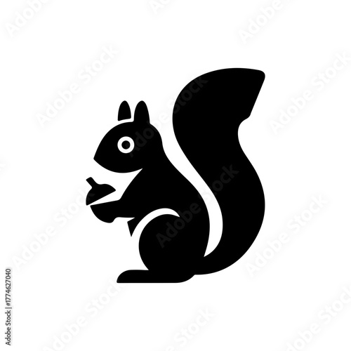 Cute Black Silhouette of a Squirrel Holding an Acorn in a Simple and Minimalist Style