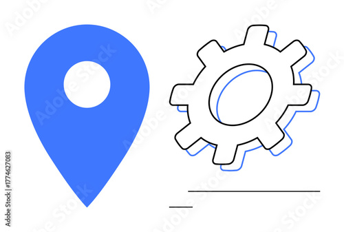 Blue location marker next to a gear symbolizing navigation, configuration, or system processes. Ideal for navigation, settings, technology, system management, automation travel planning. Simple