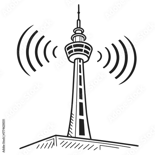 Radio Tower Broadcasting Signals on White Background transmission communication