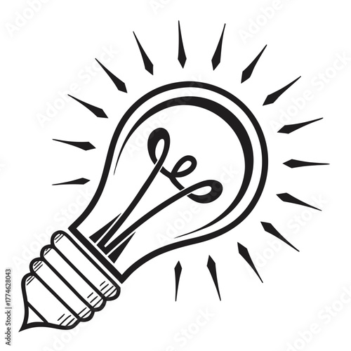 Black and White Hand- Drawn Light Bulb with Rays Keywords: light bulb, idea, innovation