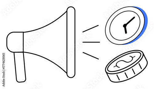 Megaphone projecting a clock and a coin emphasizing time and financial value. Ideal for promotion, advertising, communication, business, brand awareness, efficiency, investment. Simple flat metaphor