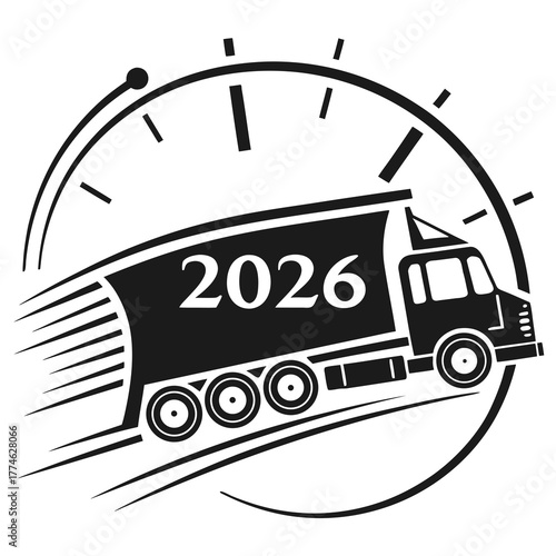 Black truck with 2026 on trailer speeding inside clock dial time