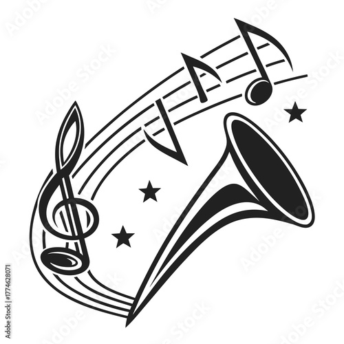 Musical Notes and Trumpet with Stars on White Background Keywords: music, musical notes, treble