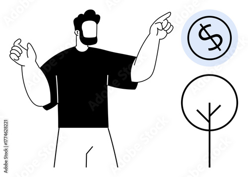 Man in modern minimal style gestures toward abstract tree and dollar sign representing growth, profit, and eco-economy. Ideal for finance, sustainability, strategy, business, eco-friendly, planning