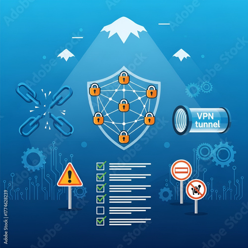 VPN tunnel with shield network, chains, gears, warnings