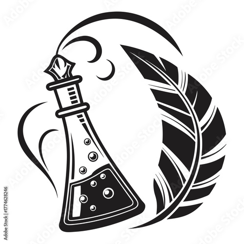 Black and White Flask Feather and Crescent Moon Design science literature