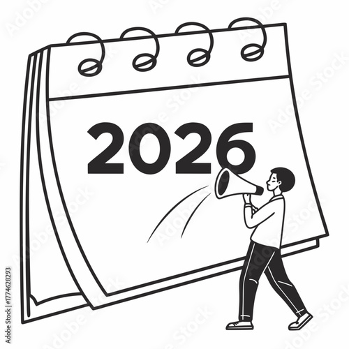 Person with Megaphone Announcing Year 2026 Next to Large Calendar vector illustration