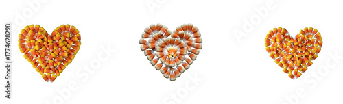A heart shape made of candy corn on a black background, the candy corn pieces are arranged closely together to form the heart