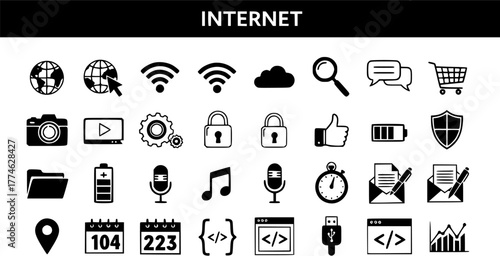 Internet and Technology Icons Set. Collection of web, digital, communication, security, media, and development symbols. Modern flat vector graphic design elements.