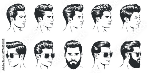 Male Hairstyle and Beard Silhouette Vector. Featuring Diverse Haircuts, Facial Hair, Accessories, and Profiles for Fashion, Grooming, Barber, and Style Design