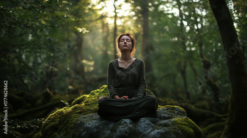 woman sitting on moss rock, eyes closed, forest glow, harmony and stillness