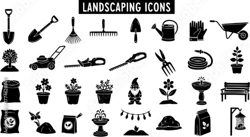 Landscaping and Gardening Icons Set: Black Silhouettes of Tools, Plants, and Outdoor Decor on White Background for Yard Care and Horticulture