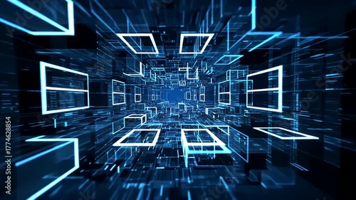 Immersive abstract digital tunnel with glowing blue and white geometric shapes