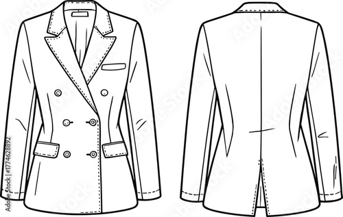 Blazer, double-breasted, fashion jacket, tailored coat, CAD drawing, vector illustration, technical sketch, lapel collar, button closure, garment design, back vent