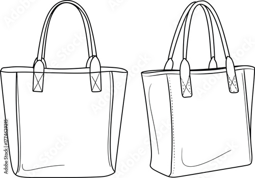 Tote bag, fashion accessory, leather handbag, CAD drawing, vector illustration, technical sketch, stitching detail, handle design, product shape, structured tote, design reference