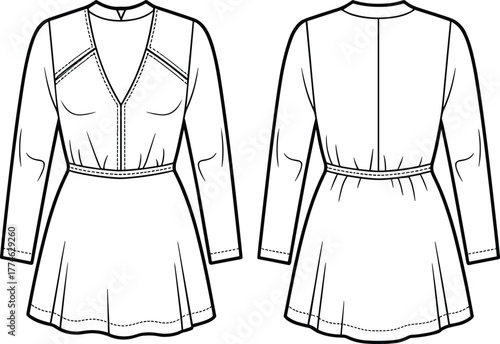 Tunic top technical sketch, front and back view, V-neck design, gathered waist, fashion flat template, sewing pattern, cad drawing, vector illustration