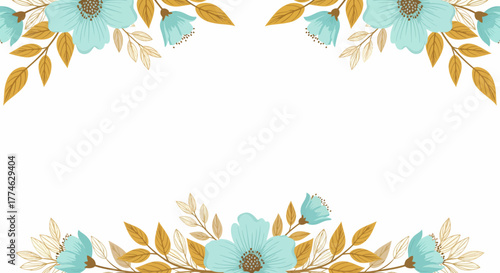 Elegant floral banner with turquoise blue flowers and golden leaves on a white background
