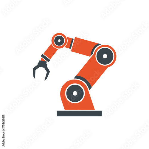 Orange and gray robotic arm with gripper on white background industrial automation