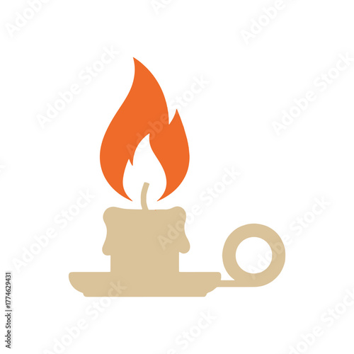 Simple beige candle with orange flame on white background fire light