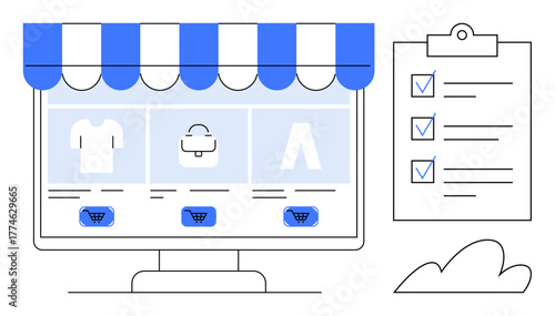 Computer showcasing an e-commerce platform with product listings, shopping carts, clipboard checklist, and cloud detail. Ideal for e-commerce, digital marketplace, retail, product management