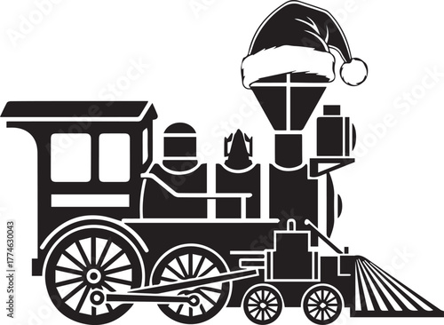 Holiday Express: A vintage train adorned with a festive holiday hat, ready to whisk passengers away on a joyous journey, captures the essence of winter celebrations and seasonal cheer.A black silhouet