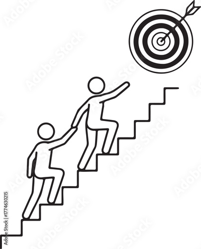 Teamwork to Aim: Two figures work together climbing up a flight of stairs toward a target, depicting the essence of teamwork and shared goals, representing the success