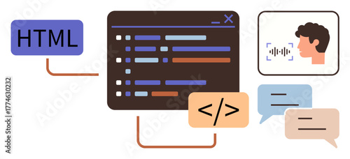 Code editor with HTML and CSS, speech recognition icon with a human profile, and dialogue bubbles. Ideal for programming, web development, innovation, communication, technology, learning user