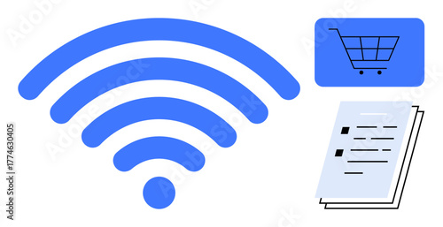 wireless signal icon, a shopping cart graphic, and a document illustrate digital accessibility. Ideal for technology, e-commerce, online services, connectivity, business concepts, digital