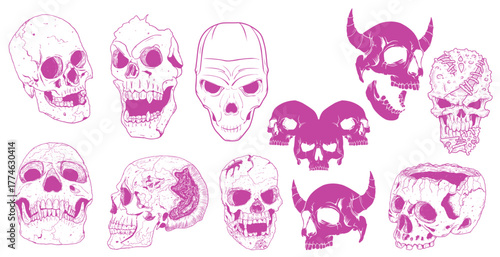 Obraz na plátně Skull Collection: A collection of various skull designs in shades, creating a visually striking display of gothic aesthetic, perfect for Halloween or alternative themed projects