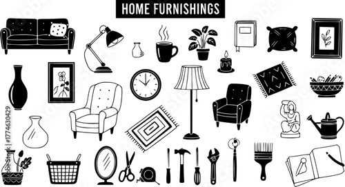 Hand-drawn Doodle Style Home Furnishings and Decor Objects Collection - Black and White Minimalist Illustrations Set for Interior Design Elements and Household Items