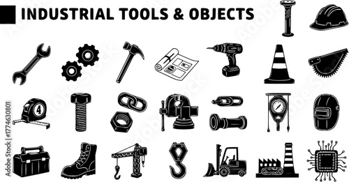 Industrial Tools  Objects Vector Icon Set: Construction, Workshop, Engineering Equipment, Safety Gear, and Machinery Silhouettes