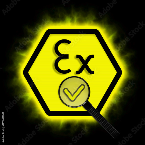 Magnifying glass zooming on a tick for ATEX directive regulation (Equipment intended for use in explosive atmospheres) is a norm to protect manufacturer employees and users.