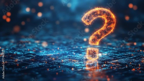 A glowing question mark on an abstract electronic circuit. Blue and orange hues illuminate the scene