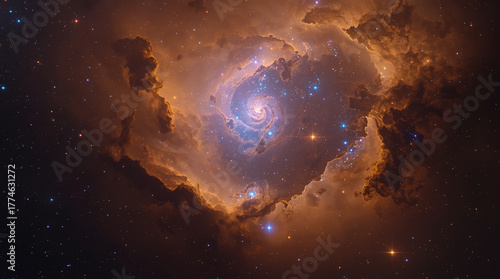 Stellar nursery with glowing orange clouds and bright blue stars in deep space, creating mesmerizing cosmic spiral full of vibrant celestial energy and mystery