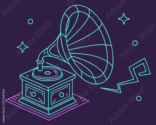 Neon Outline Gramophone Music Player Illustration