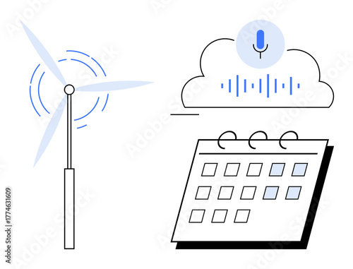 Wind turbine rotation, cloud with AI voice recognition, and a digital calendar grid representing renewable energy, AI, planning, productivity, technology innovation, future trends, simple flat