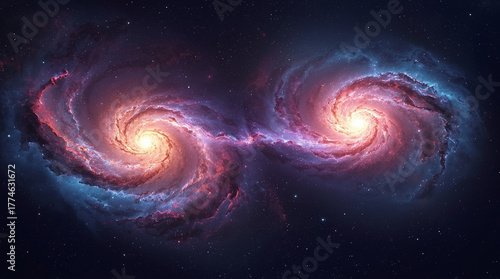 Two spiral galaxies connected by luminous bridge in deep space, glowing with vibrant pink and blue hues, creating stunning cosmic scene full of wonder and mystery