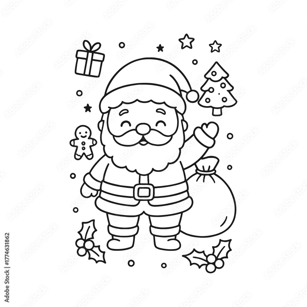 Obraz premium Hand-Drawn Santa Line Art Coloring Page