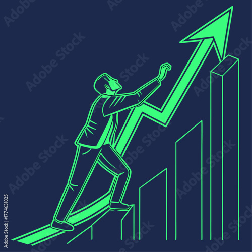 Businessman Climbing Upward Green Arrow for Business Growth