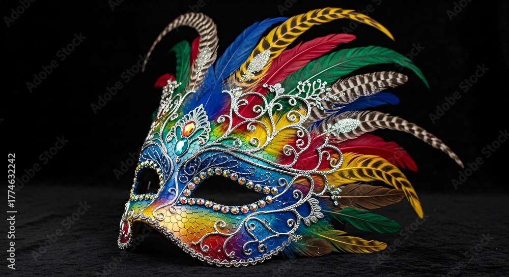 Fototapeta premium Colorful venetian carnival mask with feathers for masquerade ball party decor