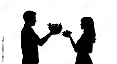 Silhouette Couple Offering Flowers Romantic Gesture of Love and Affection Isolated on White