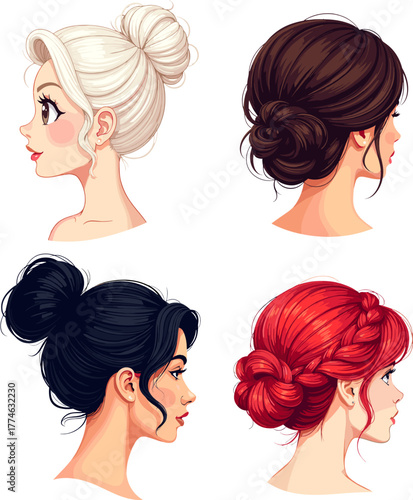 Elegant collection of women’s hairstyles illustrated in soft profile views, ideal for beauty blogs, hair salon branding, fashion design projects, character creation and modern feminine aesthetic graph