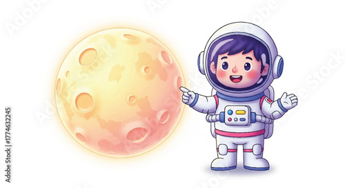A cartoon astronaut in a white spacesuit pointing at a large yellow moon on a white background with a playful mood.